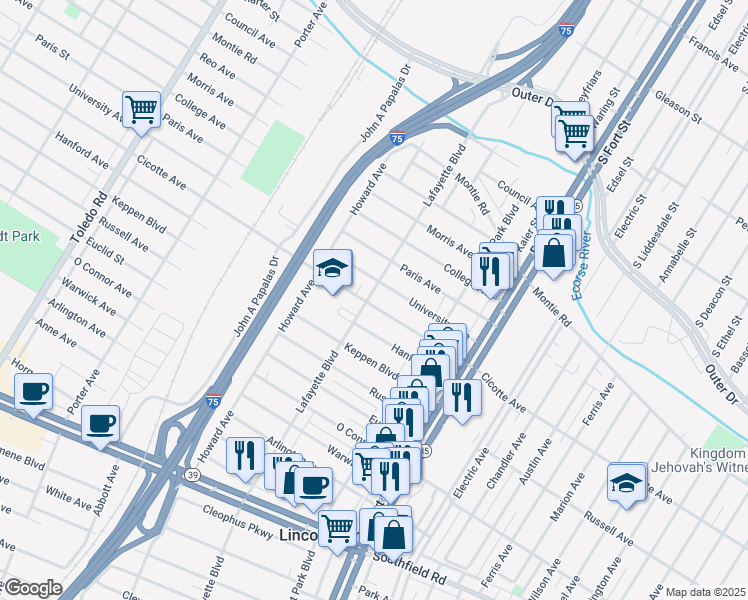map of restaurants, bars, coffee shops, grocery stores, and more near 1486 Cicotte Avenue in Lincoln Park