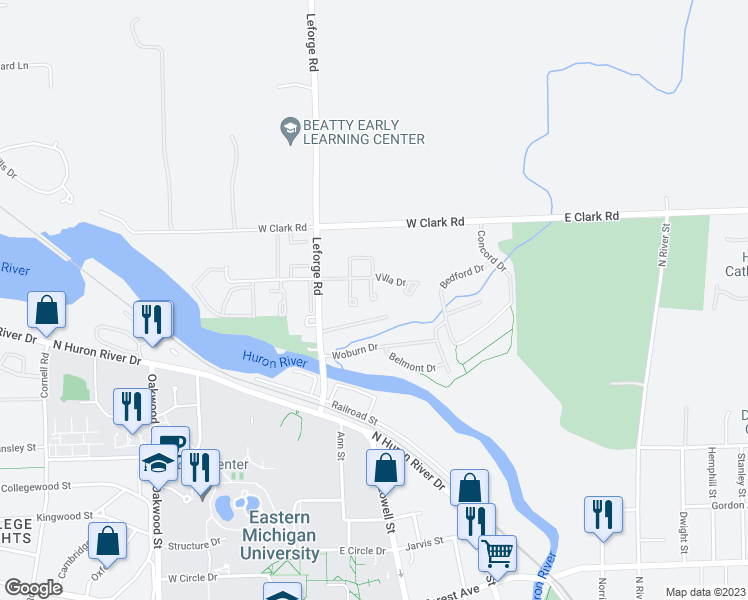 map of restaurants, bars, coffee shops, grocery stores, and more near 512 Villa Drive in Ypsilanti
