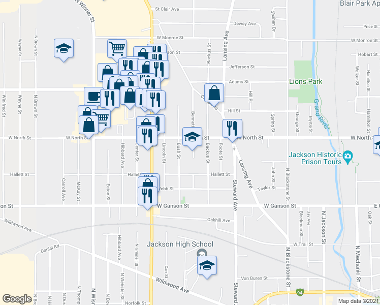 map of restaurants, bars, coffee shops, grocery stores, and more near 830 Bennett Street in Jackson