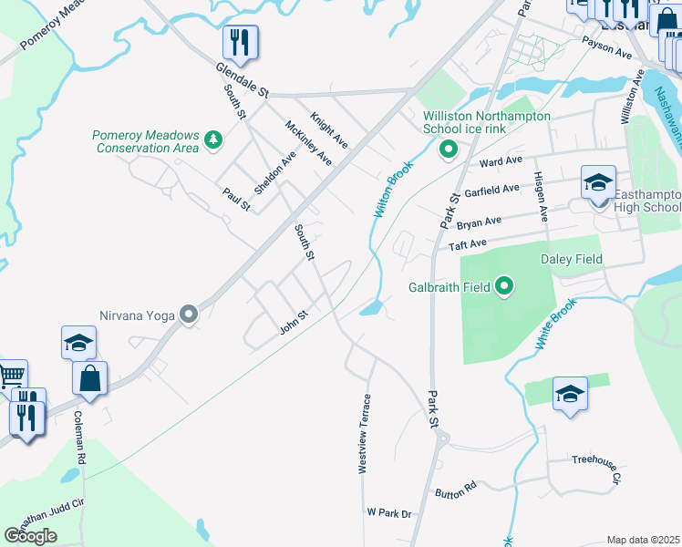 map of restaurants, bars, coffee shops, grocery stores, and more near 50 South Street in Easthampton