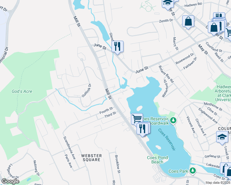 map of restaurants, bars, coffee shops, grocery stores, and more near 328 Mill Street in Worcester