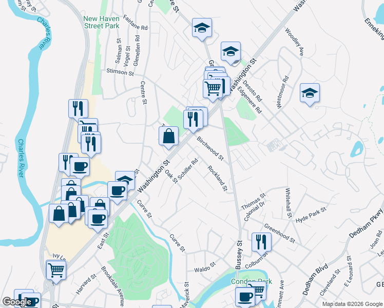 map of restaurants, bars, coffee shops, grocery stores, and more near 25 Rockland Street in Boston