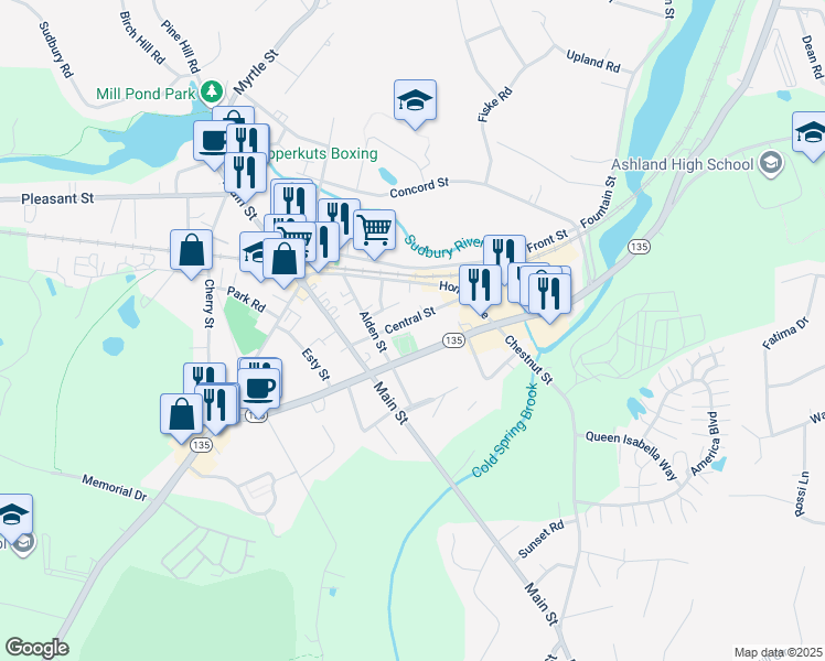 map of restaurants, bars, coffee shops, grocery stores, and more near 75 Central Street in Ashland