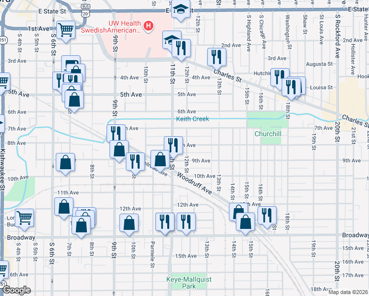 map of restaurants, bars, coffee shops, grocery stores, and more near 1523 8th Avenue in Rockford