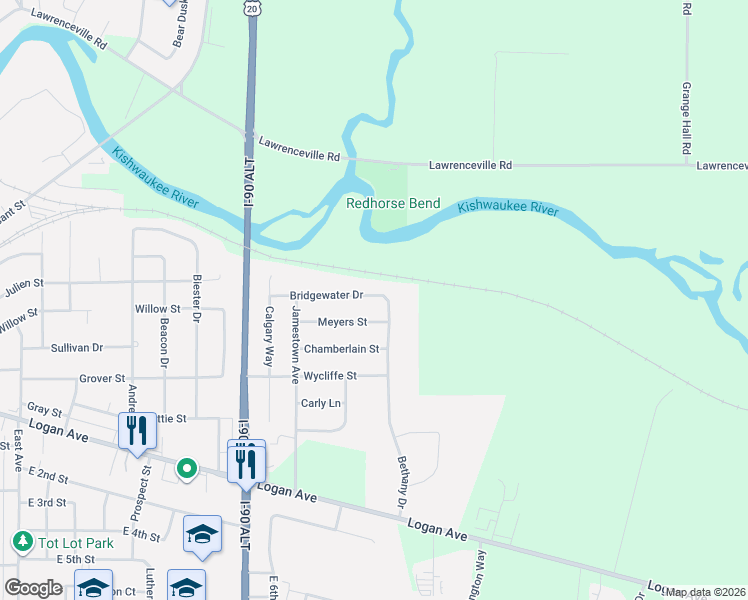 map of restaurants, bars, coffee shops, grocery stores, and more near 2115 Bridgewater Drive in Belvidere