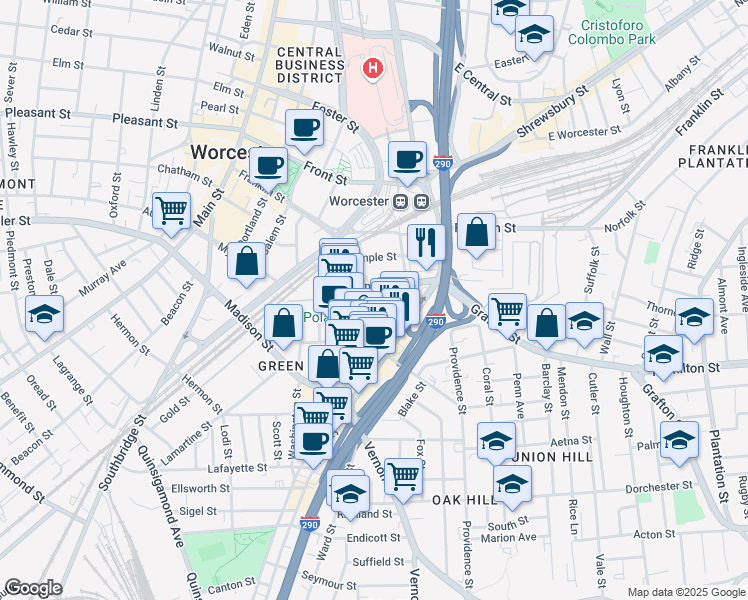 map of restaurants, bars, coffee shops, grocery stores, and more near 112 Harding Street in Worcester