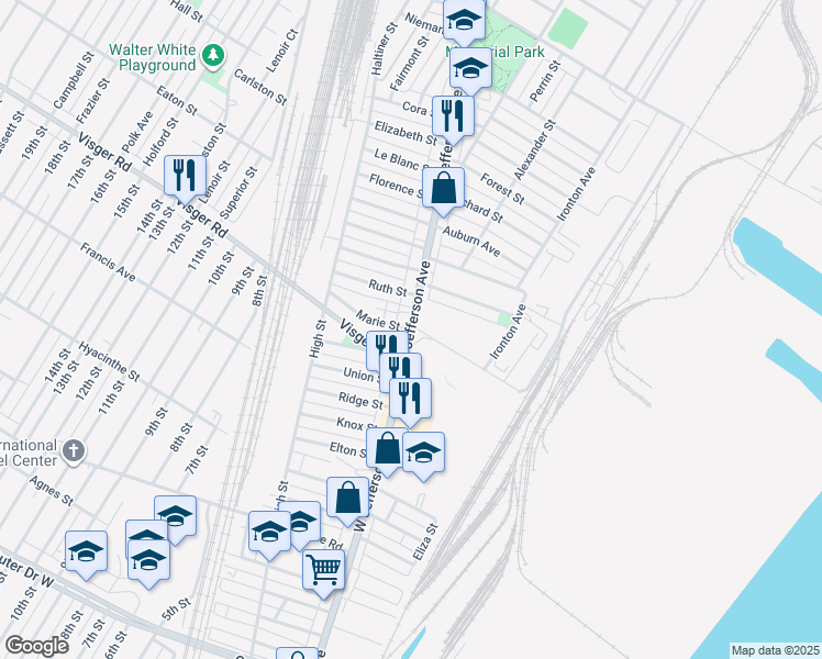 map of restaurants, bars, coffee shops, grocery stores, and more near 1 Marie Street in Ecorse