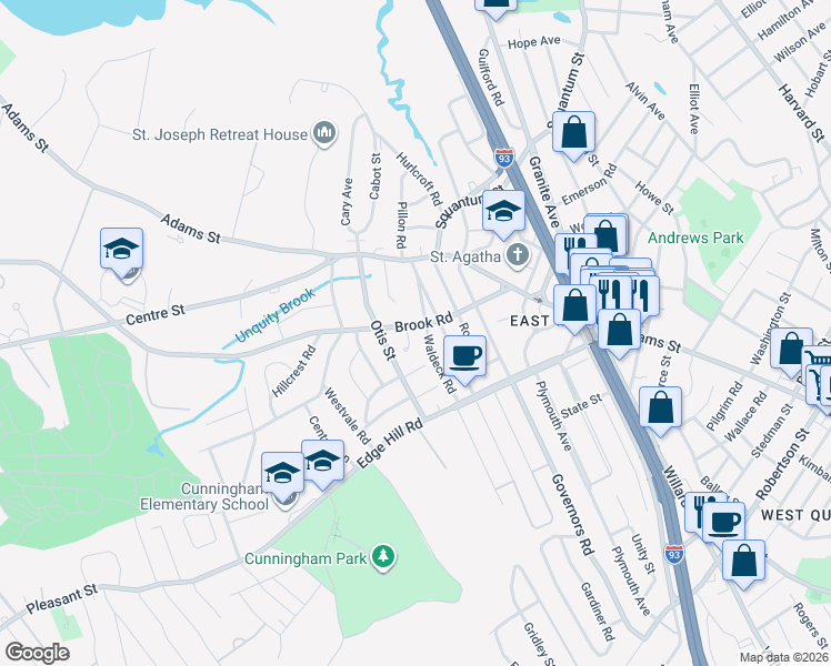 map of restaurants, bars, coffee shops, grocery stores, and more near 1169 Brook Road in Milton