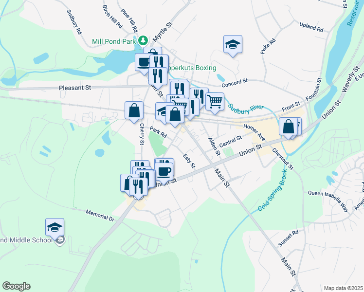 map of restaurants, bars, coffee shops, grocery stores, and more near 19 Esty Street in Ashland