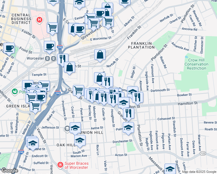 map of restaurants, bars, coffee shops, grocery stores, and more near 65 Suffolk Street in Worcester