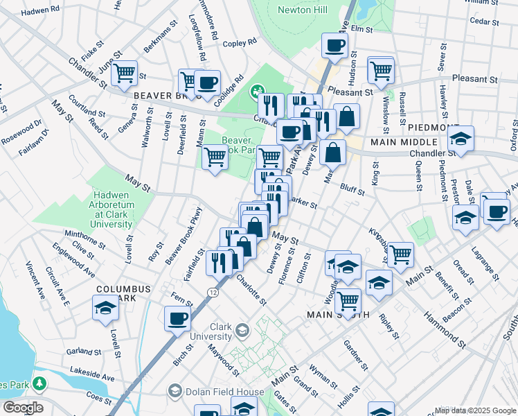 map of restaurants, bars, coffee shops, grocery stores, and more near 390 Park Avenue in Worcester