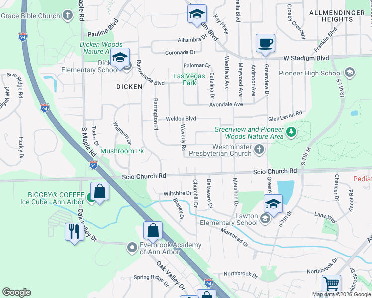 map of restaurants, bars, coffee shops, grocery stores, and more near 1815 Dunmore Road in Ann Arbor