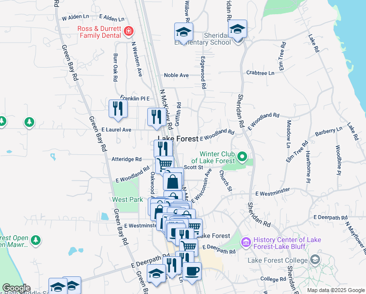 map of restaurants, bars, coffee shops, grocery stores, and more near in Lake Forest