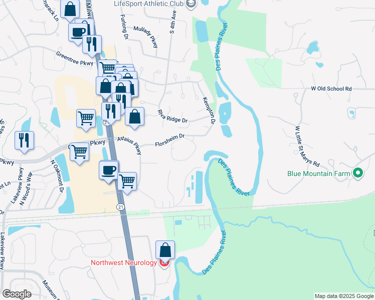 map of restaurants, bars, coffee shops, grocery stores, and more near 901 Florsheim Drive in Libertyville