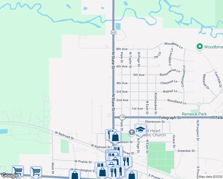 map of restaurants, bars, coffee shops, grocery stores, and more near 906 North State Street in Marengo