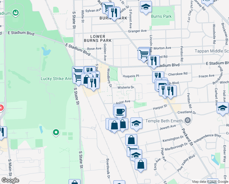 map of restaurants, bars, coffee shops, grocery stores, and more near 1915 Woodbury Drive in Ann Arbor