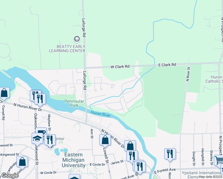 map of restaurants, bars, coffee shops, grocery stores, and more near 425 Villa Drive in Ypsilanti