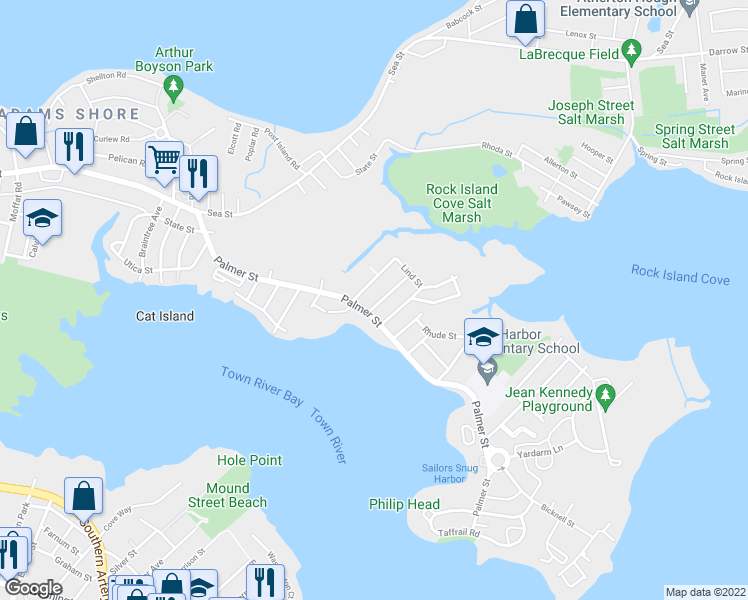 map of restaurants, bars, coffee shops, grocery stores, and more near 12 Broady Avenue in Quincy