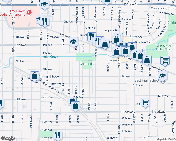 map of restaurants, bars, coffee shops, grocery stores, and more near 901 17th Street in Rockford