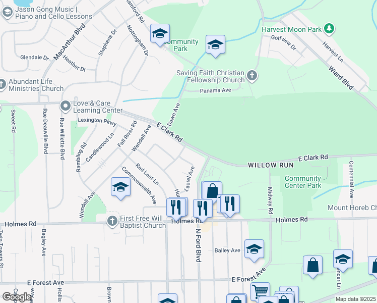 map of restaurants, bars, coffee shops, grocery stores, and more near 1512 Clark Srv Road in Ypsilanti
