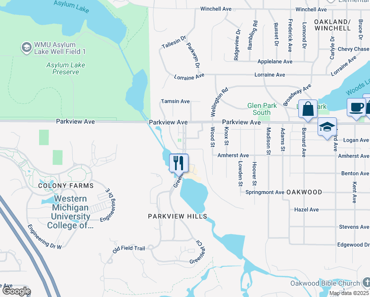 map of restaurants, bars, coffee shops, grocery stores, and more near 3411 Willow Lake Drive in Kalamazoo