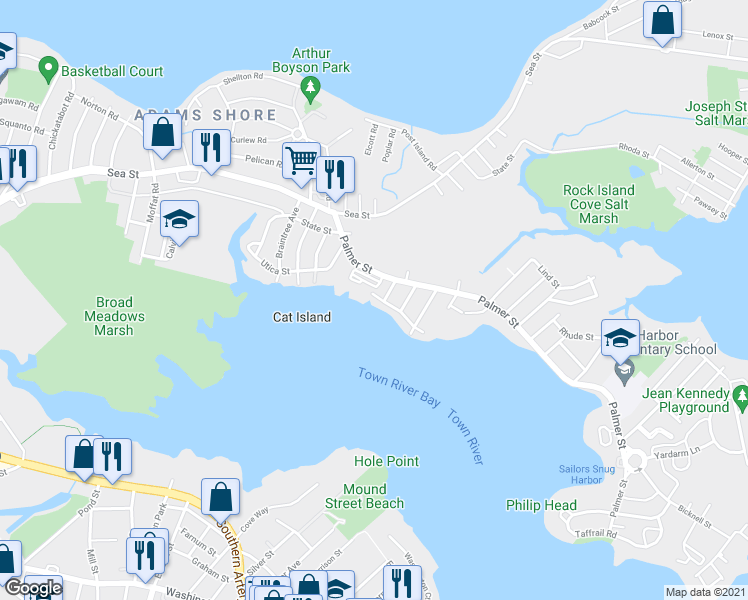 map of restaurants, bars, coffee shops, grocery stores, and more near 1 Riverbank Road in Quincy