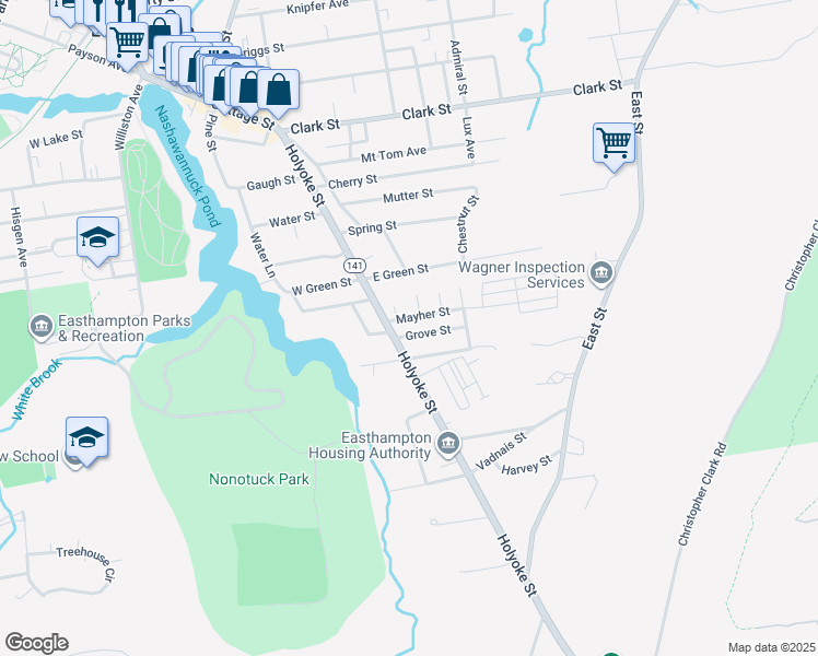 map of restaurants, bars, coffee shops, grocery stores, and more near 5 Grove Street in Easthampton