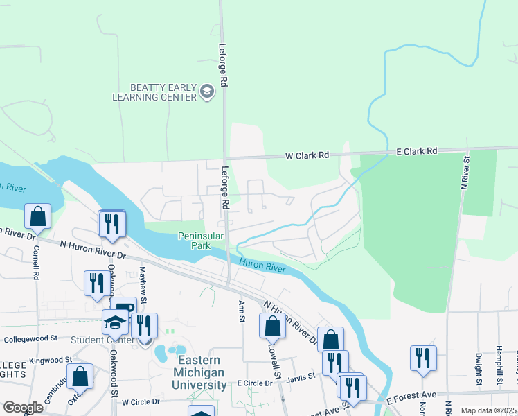 map of restaurants, bars, coffee shops, grocery stores, and more near 423 Villa Drive in Ypsilanti