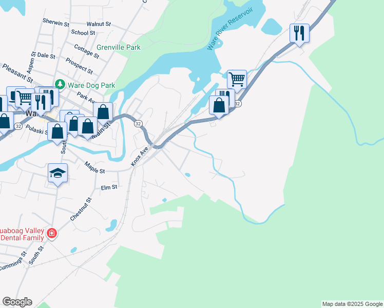 map of restaurants, bars, coffee shops, grocery stores, and more near 35 Morse Avenue in Ware