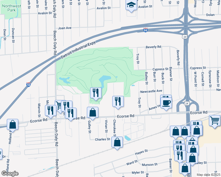 map of restaurants, bars, coffee shops, grocery stores, and more near 6750 Cherokee Street in Taylor