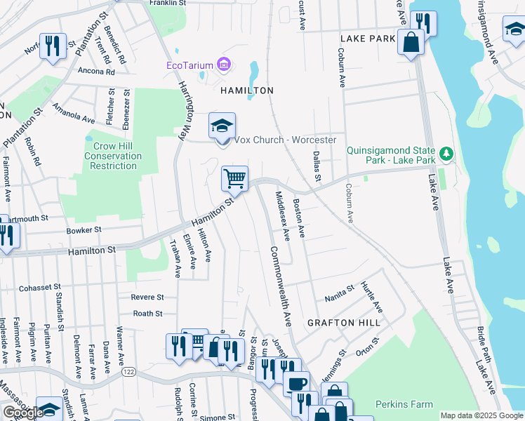 map of restaurants, bars, coffee shops, grocery stores, and more near 14 Commonwealth Avenue in Worcester