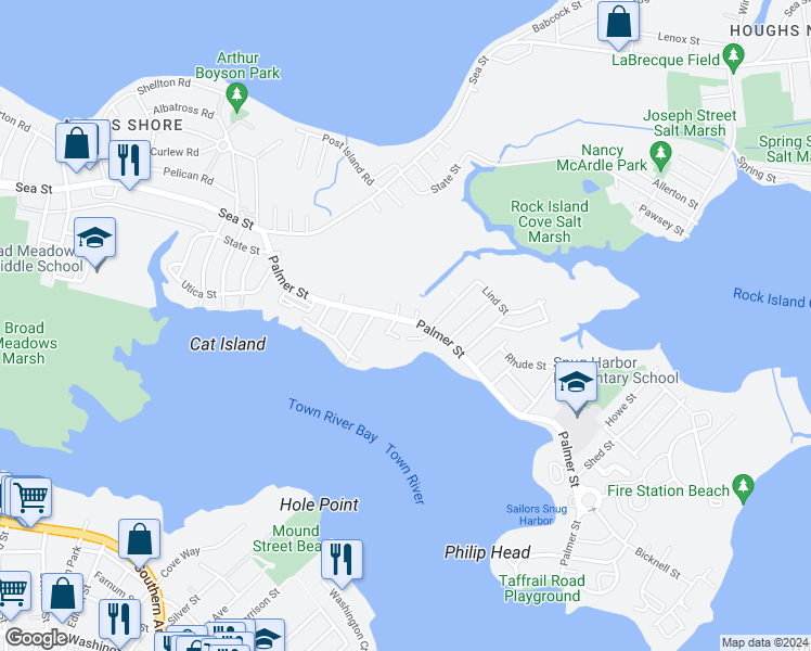 map of restaurants, bars, coffee shops, grocery stores, and more near 157 Palmer Street in Quincy