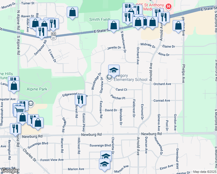 map of restaurants, bars, coffee shops, grocery stores, and more near 4905 Carol Court in Rockford