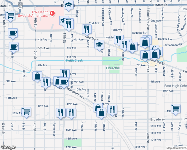 map of restaurants, bars, coffee shops, grocery stores, and more near 901 14th Street in Rockford