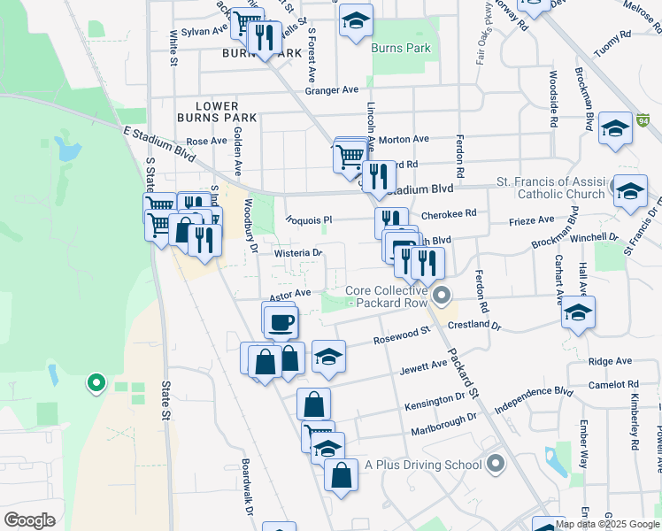 map of restaurants, bars, coffee shops, grocery stores, and more near 223 Wisteria Drive in Ann Arbor