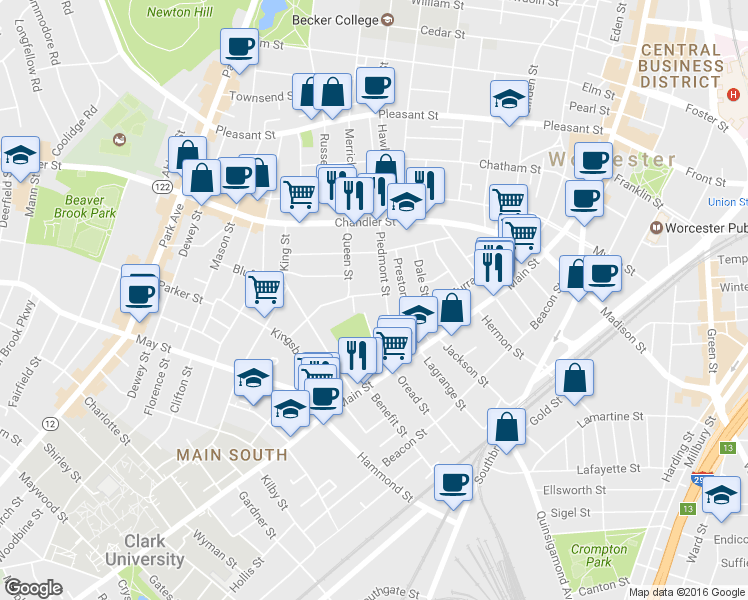 map of restaurants, bars, coffee shops, grocery stores, and more near 4 Davis Street in Worcester