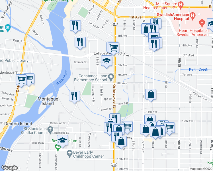 map of restaurants, bars, coffee shops, grocery stores, and more near 615 Gregory Street in Rockford