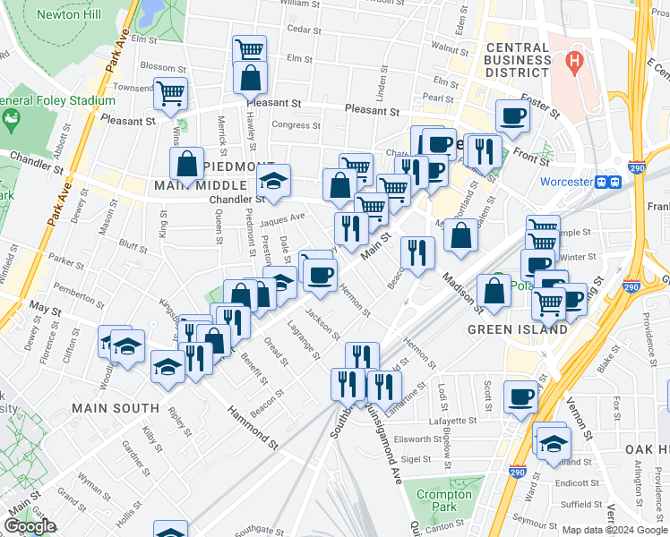 map of restaurants, bars, coffee shops, grocery stores, and more near 718 Main Street in Worcester