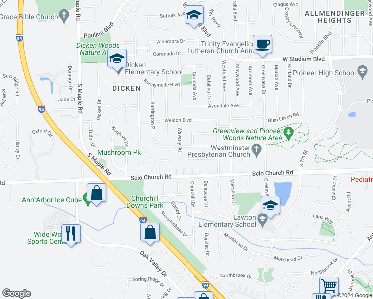 map of restaurants, bars, coffee shops, grocery stores, and more near 1815 Dunmore Road in Ann Arbor