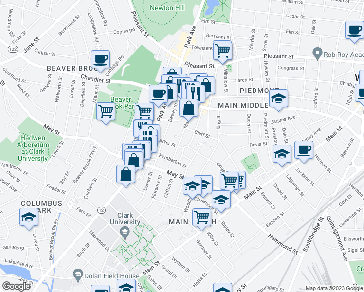 map of restaurants, bars, coffee shops, grocery stores, and more near 3 Parker Street in Worcester
