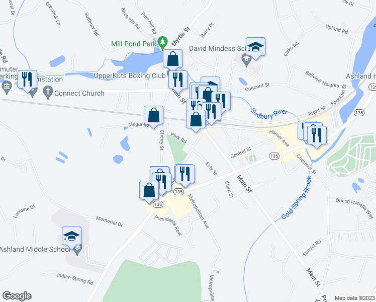 map of restaurants, bars, coffee shops, grocery stores, and more near 63 Summer Street in Ashland