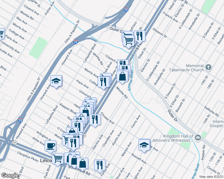 map of restaurants, bars, coffee shops, grocery stores, and more near 1165 Fort Street in Lincoln Park