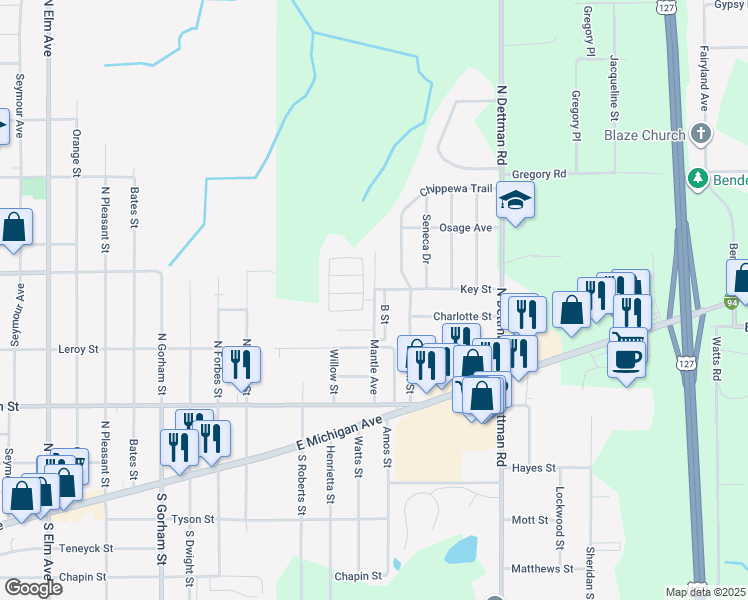 map of restaurants, bars, coffee shops, grocery stores, and more near 205 Kathy Circle in Jackson