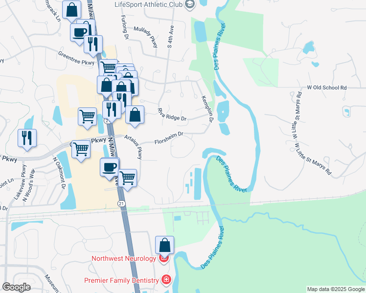 map of restaurants, bars, coffee shops, grocery stores, and more near 901 Florsheim Drive in Libertyville