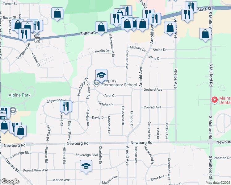 map of restaurants, bars, coffee shops, grocery stores, and more near 5034 Carol Court in Rockford
