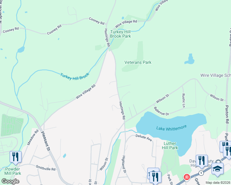 map of restaurants, bars, coffee shops, grocery stores, and more near 15 Hastings Road in Spencer