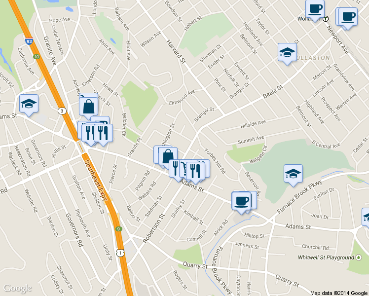 map of restaurants, bars, coffee shops, grocery stores, and more near 30 Eaton Street in Milton