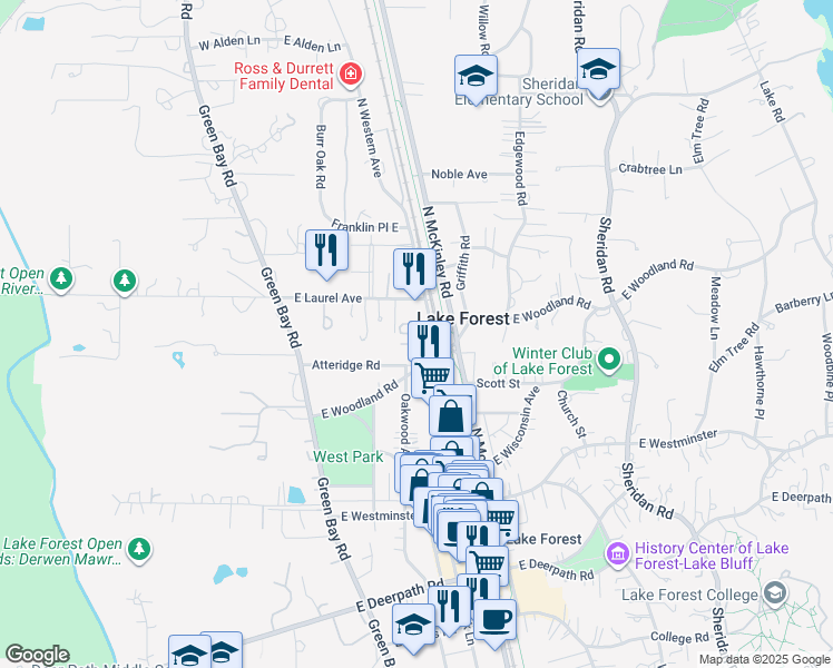 map of restaurants, bars, coffee shops, grocery stores, and more near 1020 North Western Avenue in Lake Forest
