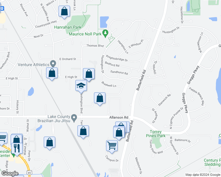 map of restaurants, bars, coffee shops, grocery stores, and more near 1245 Ballantrae Place in Mundelein