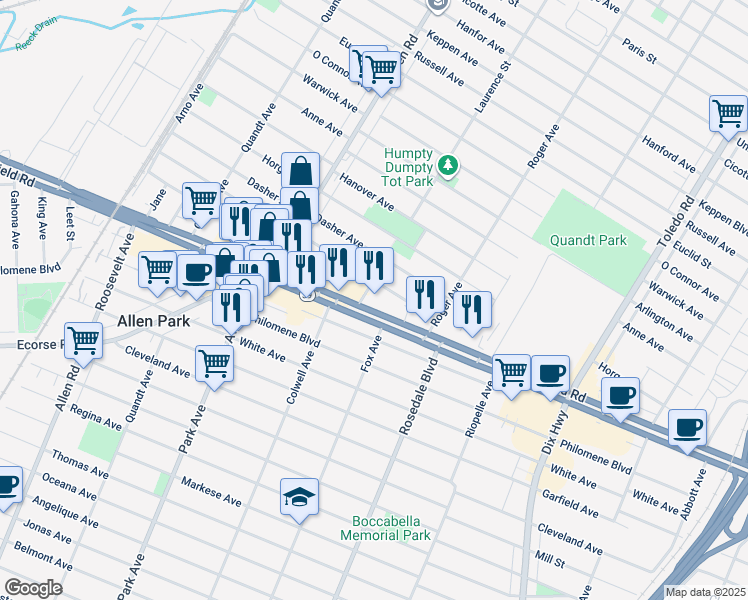 map of restaurants, bars, coffee shops, grocery stores, and more near 15000-15098 Southfield Road in Allen Park